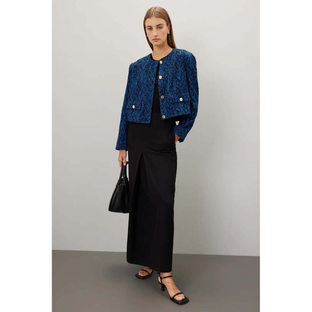 BOSS Hugo Boss Blue Black Tweed Cropped Jacket Gold Buttons Size 6 US 10 UK